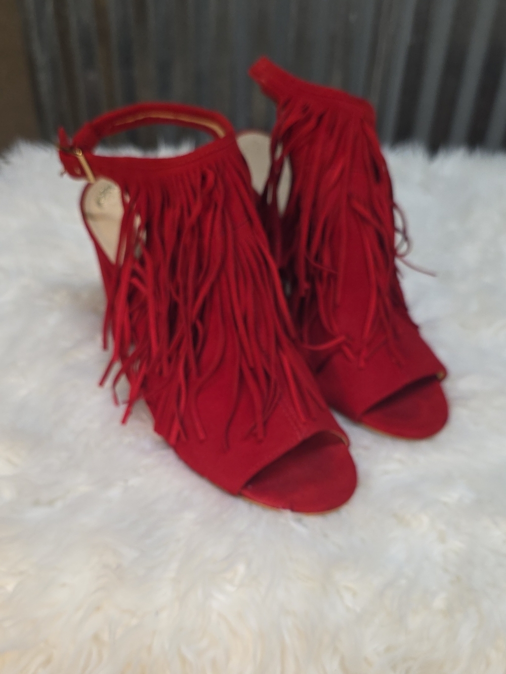 Fringe Peep-Toe Sandal - Red - Picture 3 of 8